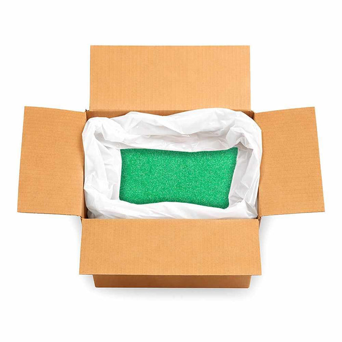 Open cardboard box with a large bag of sea green ultrafine iridescent craft glitter.