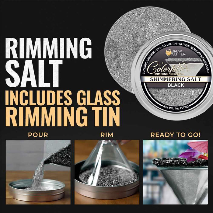 Shimmering black cocktail rimming salt in a 4oz tin with steps showing how to pour, rim a glass, and serve drinks.
