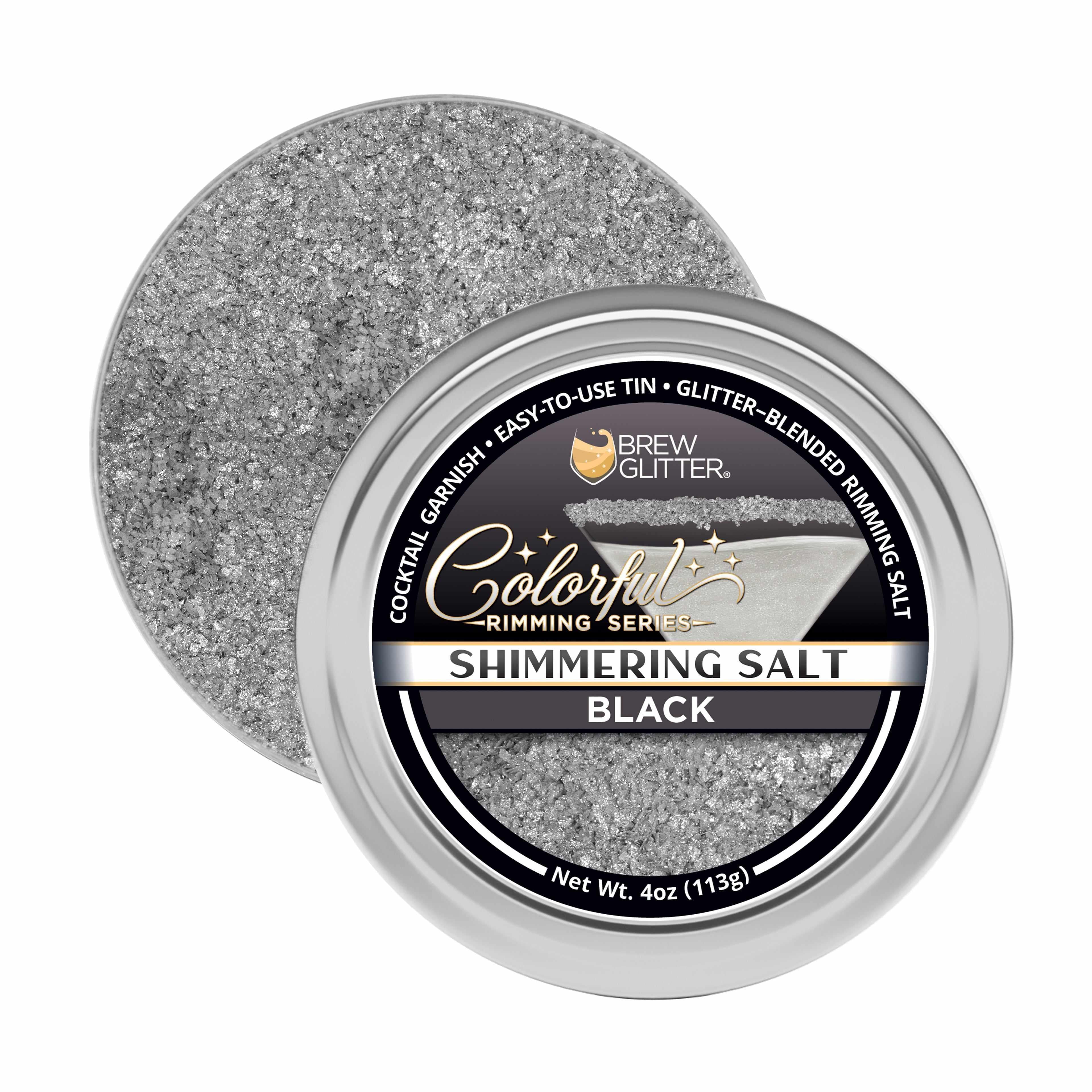 Shimmering black cocktail rimming salt in a 4oz silver tin with a branded label for garnishing glassware.