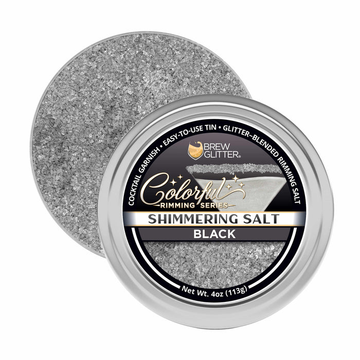 Shimmering black cocktail rimming salt in a 4oz silver tin with a branded label for garnishing glassware.