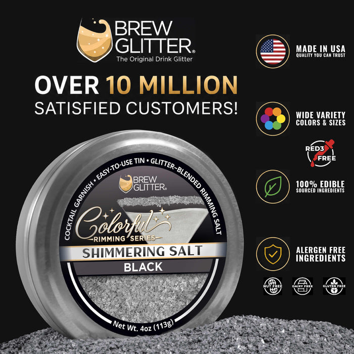 Shimmering black cocktail rimming salt in a 4oz tin with Brew Glitter branding and edible ingredient icons.