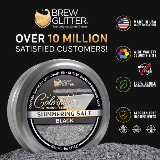 Shimmering black cocktail rimming salt in a 4oz metal tin with Brew Glitter branding and edible ingredient icons.