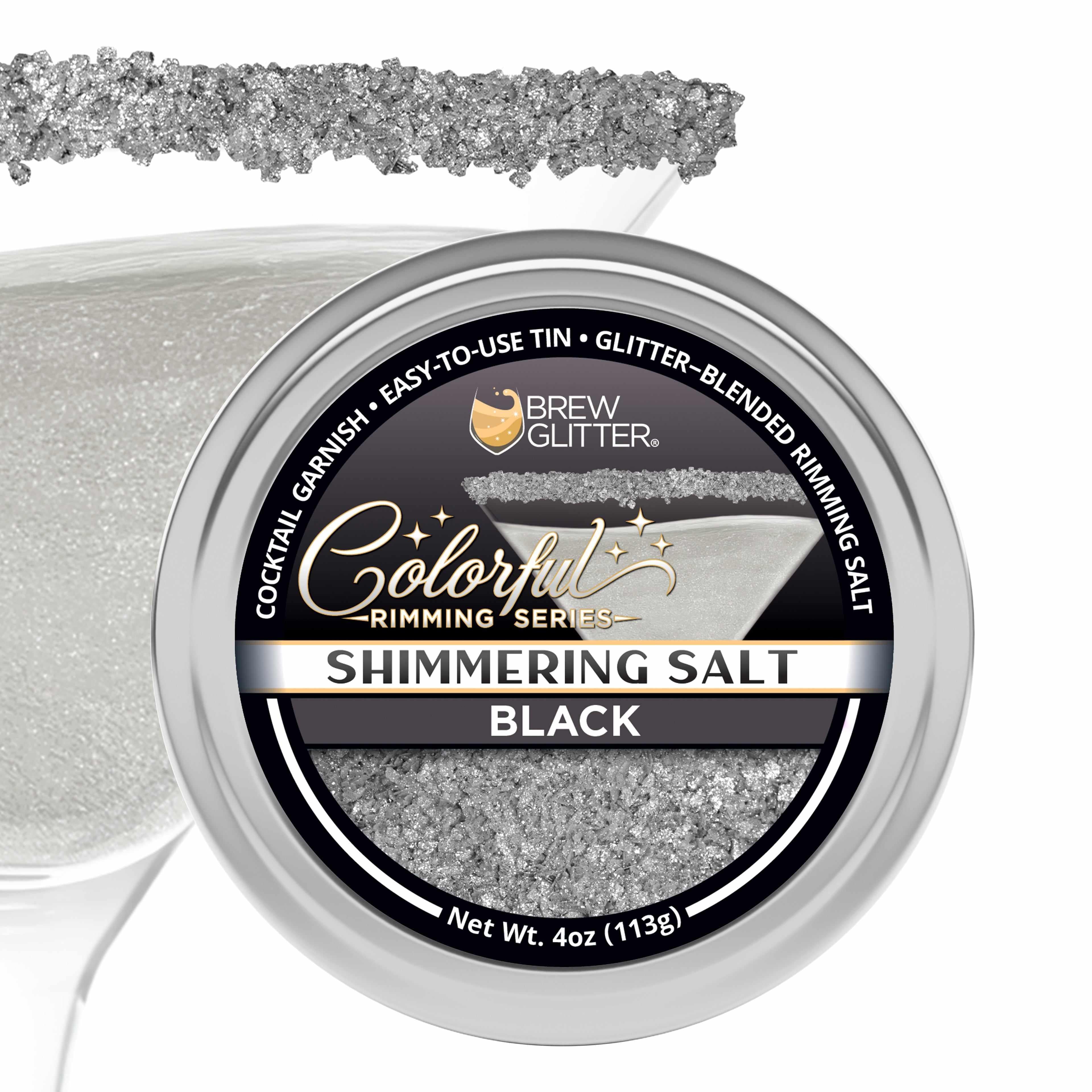 Four-ounce tin of shimmering black cocktail rimming salt with a branded label and a salt-rimmed martini glass.