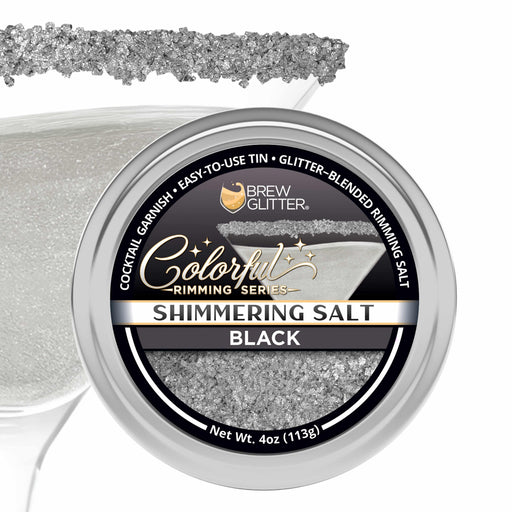 Four-ounce tin of shimmering black cocktail rimming salt with a branded label and a salt-rimmed martini glass.