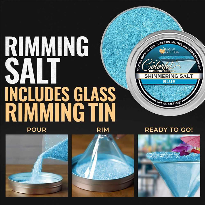Shimmering ocean blue cocktail rimming salt in a 4oz tin with instructions on how to garnish a glass rim.