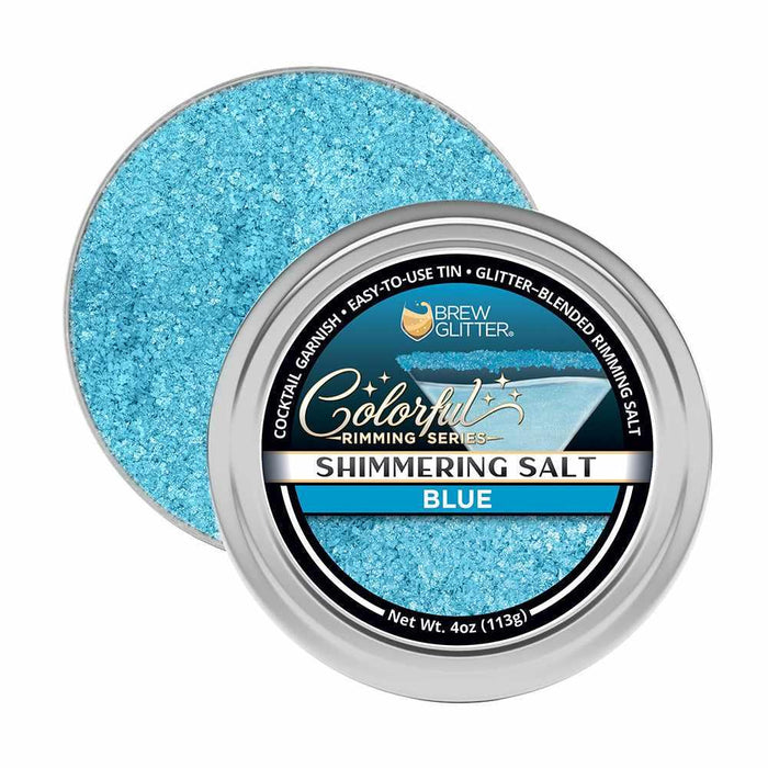 Shimmering ocean blue cocktail rimming salt in a 4oz round metal tin with a branded label.