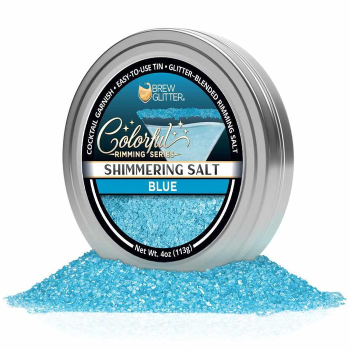 4oz tin of shimmering blue cocktail rimming salt with glittery blue crystals piled in front.