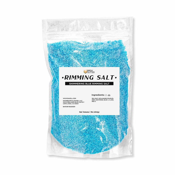 One-pound bag of shimmering ocean blue cocktail rimming salt with a white product label on a clear pouch.