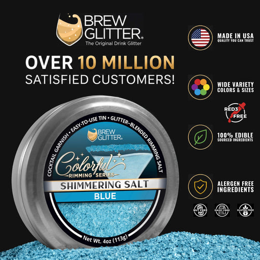 Shimmering blue cocktail rimming salt in a 4oz tin with Brew Glitter branding and edible ingredient icons.