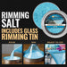 Shimmering blue cocktail rimming salt in a 4oz tin with instructions for pouring, rimming a glass, and serving drinks.