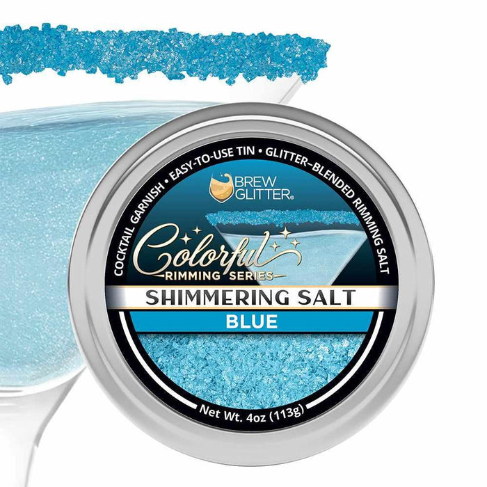 4oz tin of shimmering ocean blue cocktail rimming salt with sparkling blue crystals on a glass rim.