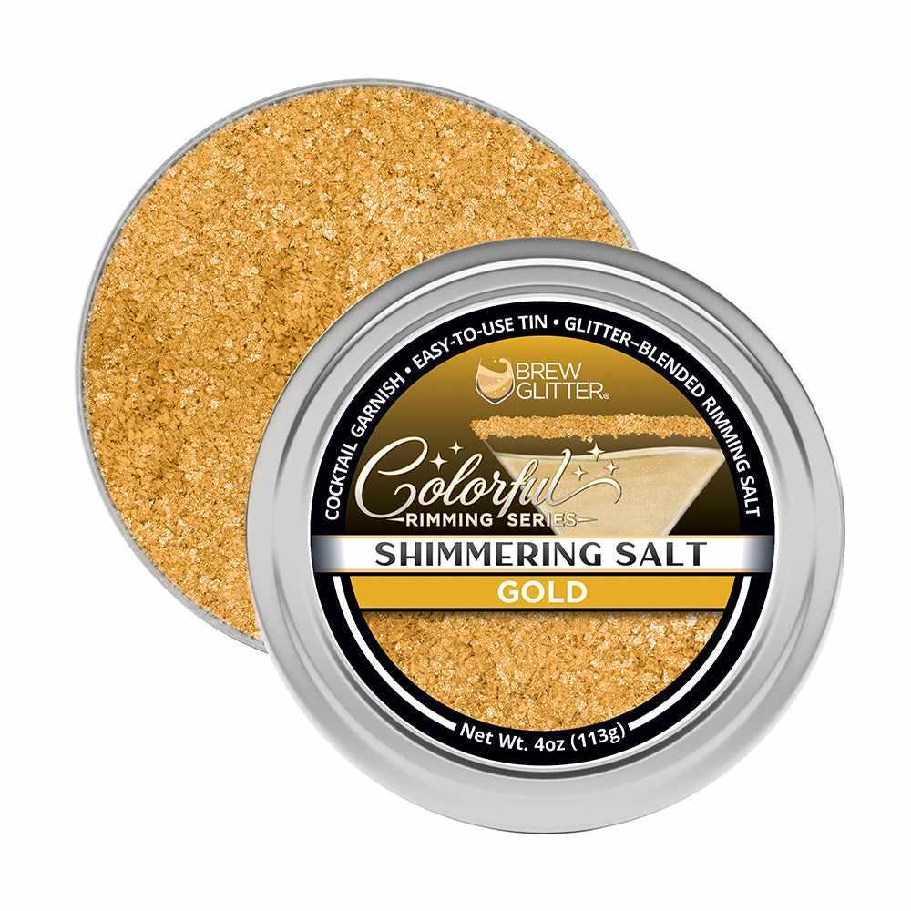 Open 4oz tin of shimmering gold cocktail rimming salt with a black and gold Brew Glitter label.