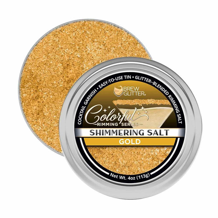Open 4oz tin of shimmering gold cocktail rimming salt with a black and gold Brew Glitter label.