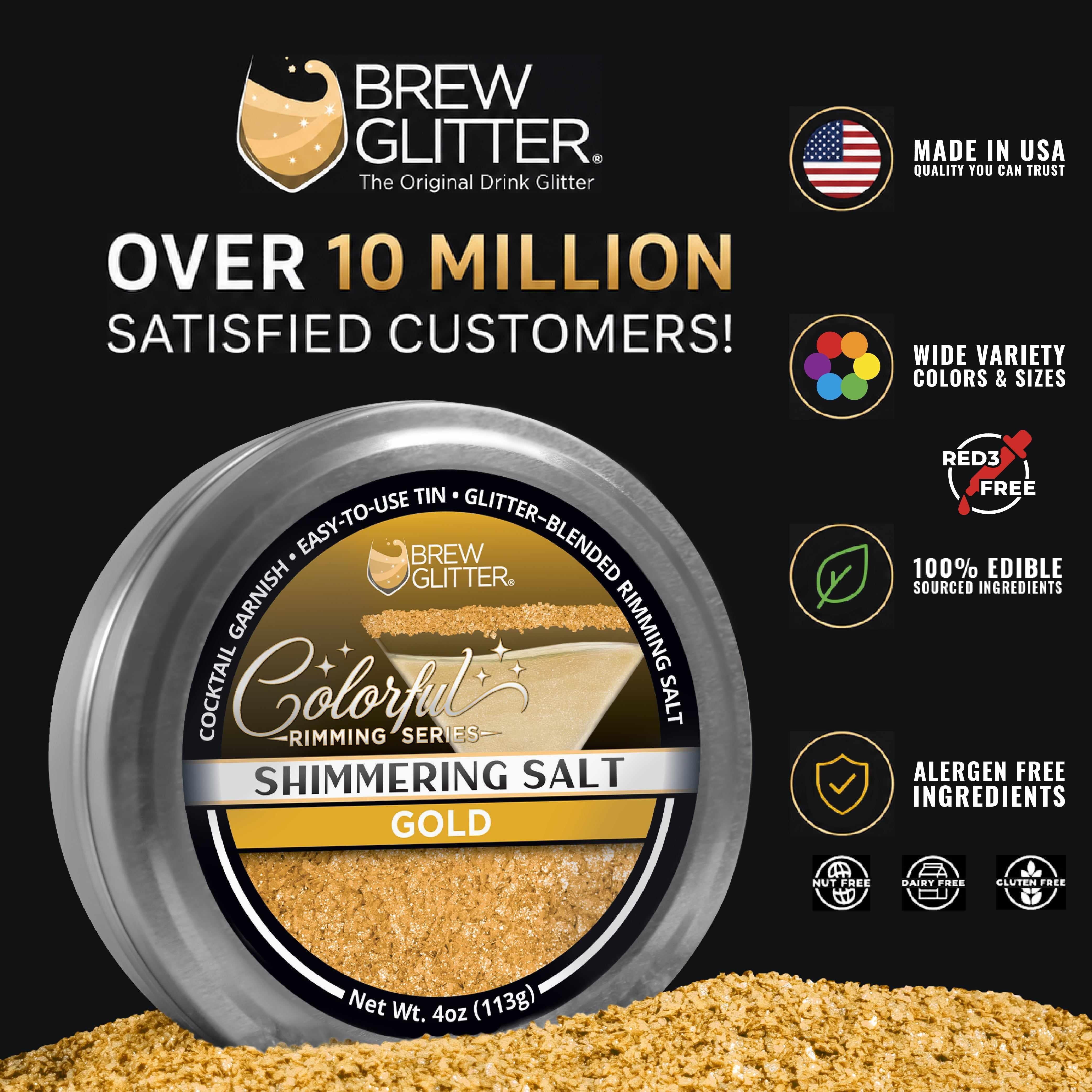 Round tin of shimmering gold cocktail rimming salt with a 4oz label, surrounded by loose gold salt crystals.
