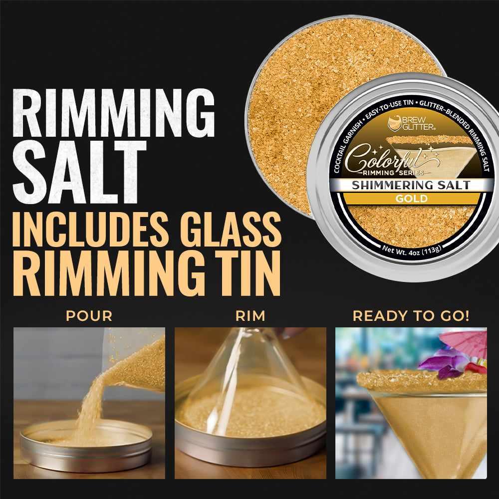 Shimmering gold cocktail rimming salt in a 4oz tin with step-by-step instructions for pouring, rimming, and garnishing a glass.