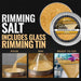 Shimmering gold cocktail rimming salt in a 4oz tin, shown with pouring, rimming, and finished garnish steps.