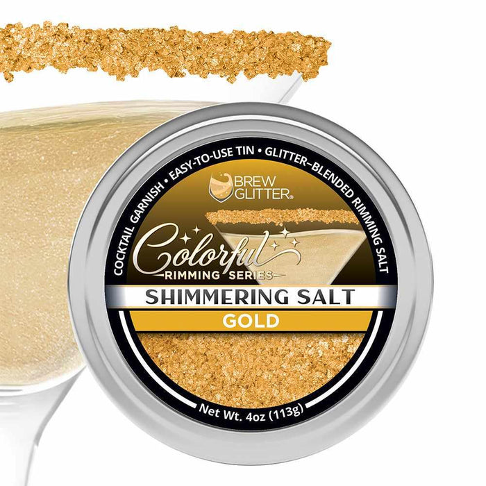 4oz tin of shimmering gold cocktail rimming salt with a glitter-blended finish for elegant drink garnishing.