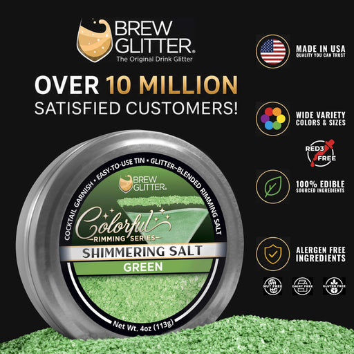Four-ounce tin of shimmering green cocktail rimming salt with glittery texture for garnishing margarita glasses.