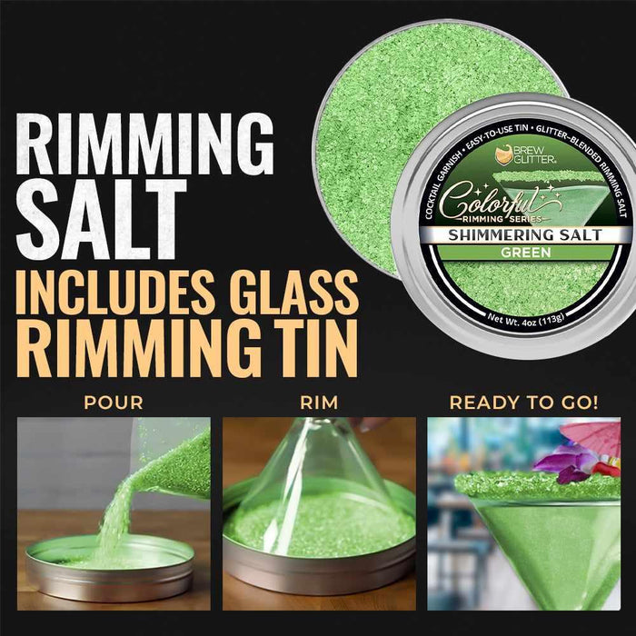 Shimmering green cocktail rimming salt in a 4oz tin with instructions for pouring, rimming, and garnishing a glass.
