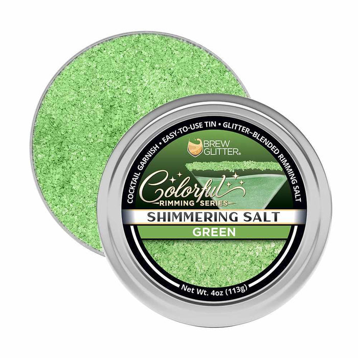Four-ounce tin of shimmering green cocktail rimming salt for garnishing margarita glasses.