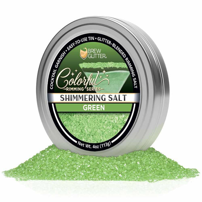 Round silver tin of shimmering green cocktail rimming salt with a 4oz label.
