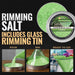 Shimmering green cocktail rimming salt in a 4oz tin, shown with pouring, rimming, and finished glass garnish steps.