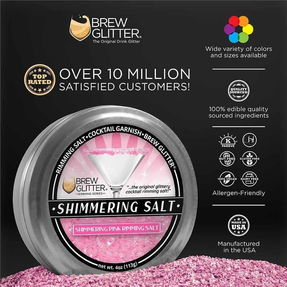 Shimmering pink cocktail rimming salt in a silver tin, with a margarita glass graphic.