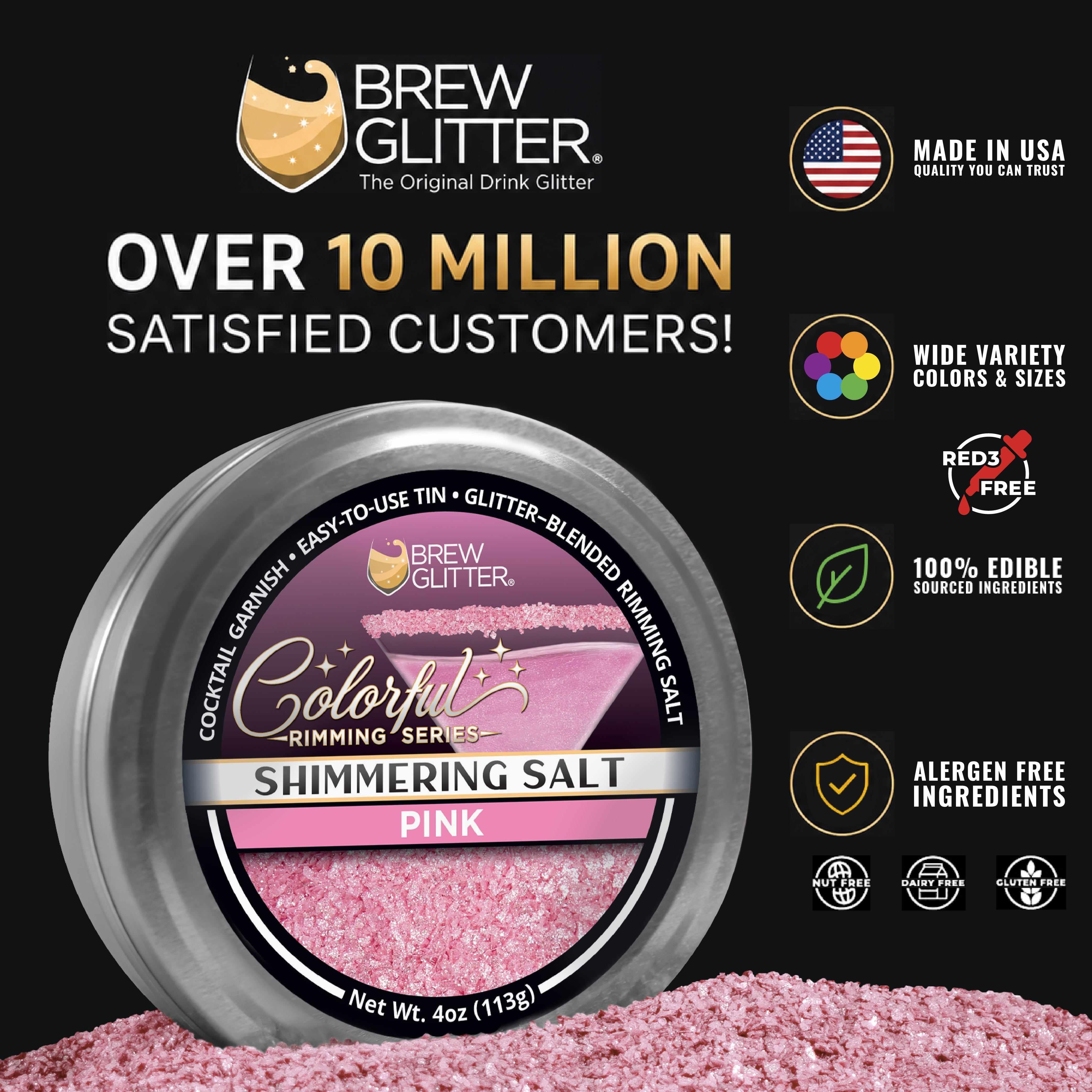 Four-ounce tin of shimmering pink cocktail rimming salt with edible glitter for decorating glass rims.