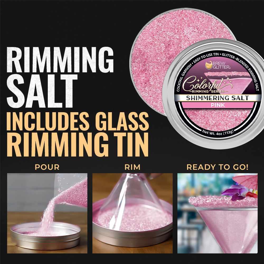 Shimmering pink cocktail rimming salt in a 4oz tin with demonstration steps for pouring and rimming a glass.