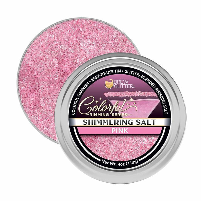 Open 4oz tin of shimmering pink cocktail rimming salt with Brew Glitter branding on a circular label.