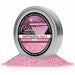 Shimmering pink cocktail rimming salt in a 4oz silver tin with a branded label and a pile of sparkling pink salt crystals.
