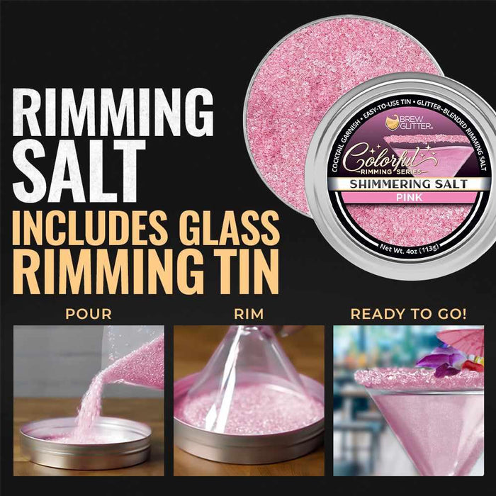 Shimmering pink cocktail rimming salt in a 4oz tin with steps showing how to pour, rim a glass, and garnish a drink.
