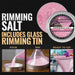Shimmering pink cocktail rimming salt in a 4oz tin with instructions on how to pour and rim a glass for a decorative finish.