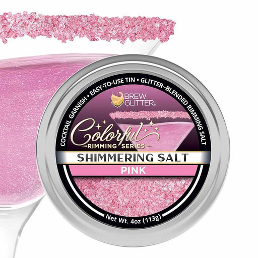 4oz tin of shimmering pink cocktail rimming salt with a glittery texture, displayed next to a pink-rimmed martini glass.