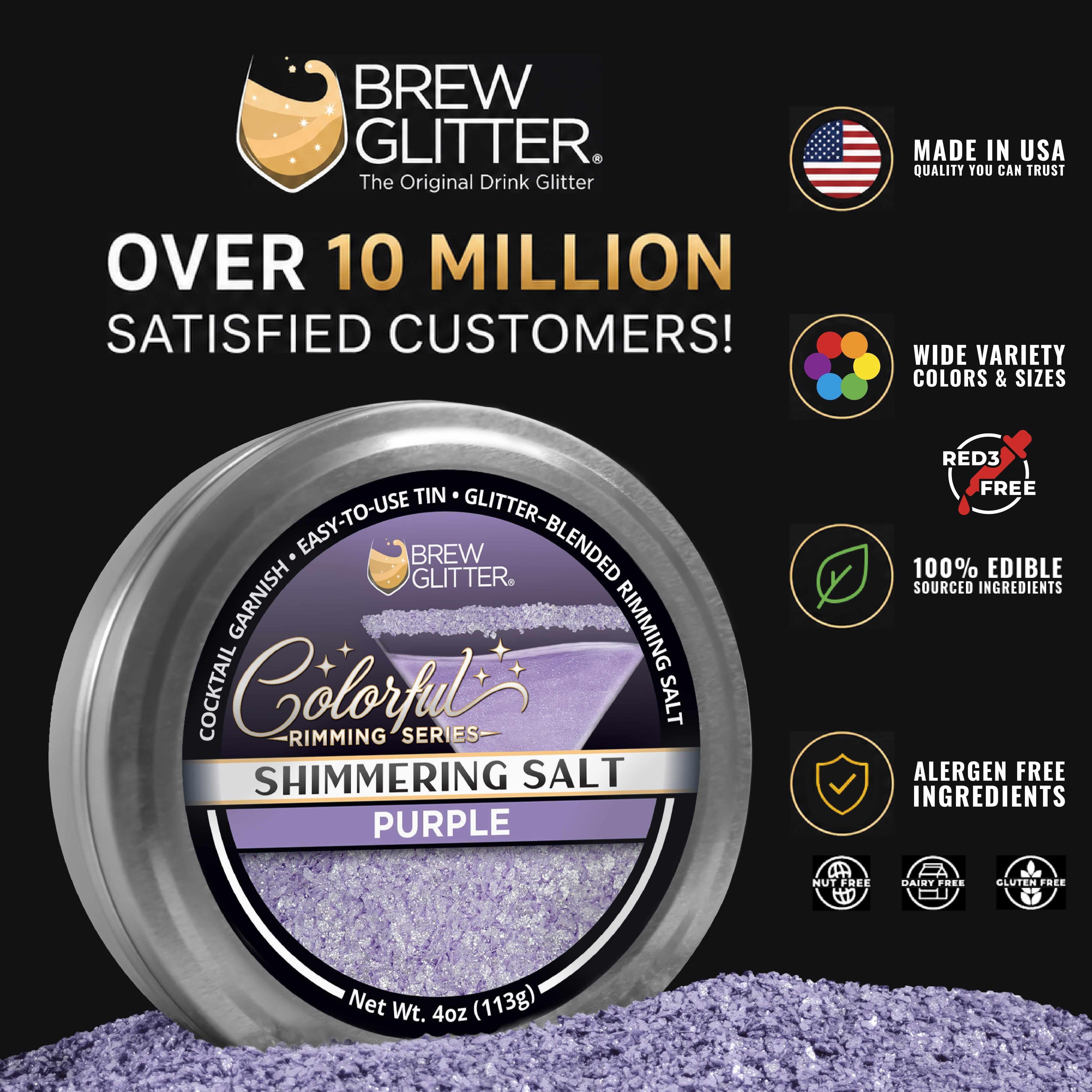 Shimmering deep purple cocktail rimming salt in a 4oz tin with a glittery, edible finish for drink garnishing.