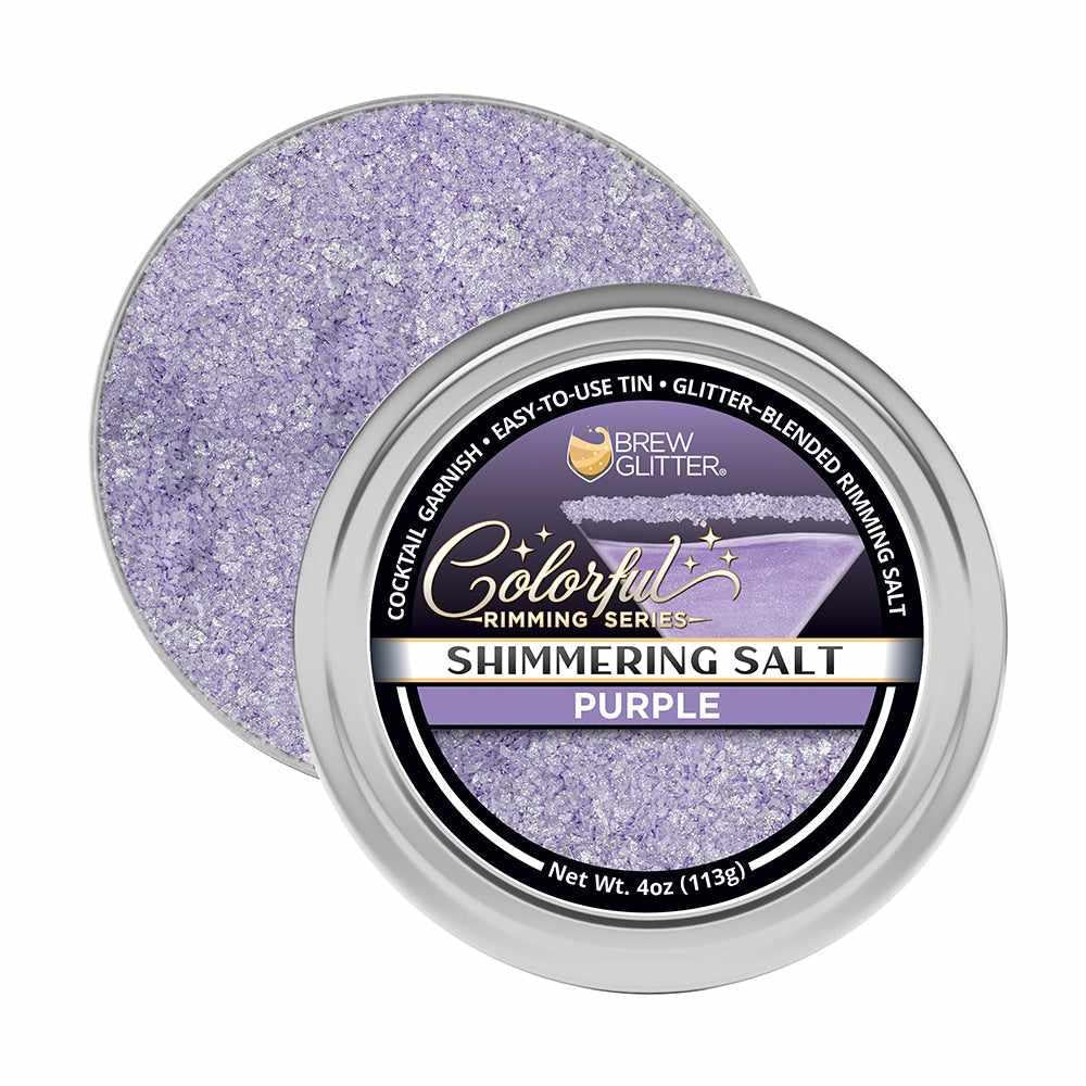 Four-ounce tin of shimmering deep purple cocktail rimming salt with a decorative label by Brew Glitter.