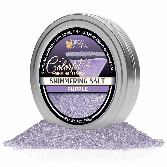 Deep purple shimmering cocktail rimming salt in a 4oz silver tin by Brew Glitter.