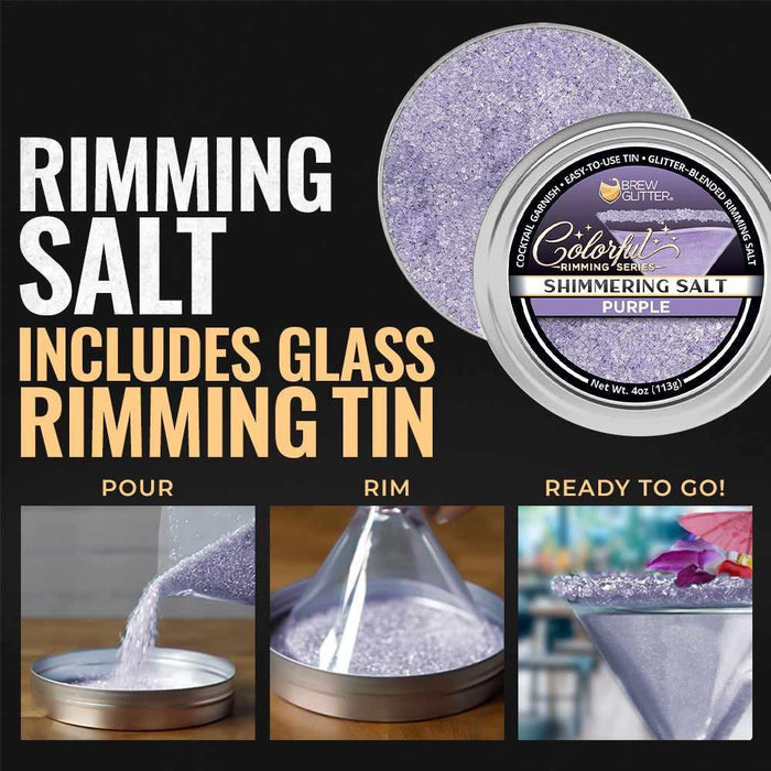Shimmering purple cocktail rimming salt in a 4oz tin with steps showing how to pour, rim a glass, and garnish a drink.