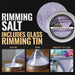 Shimmering purple cocktail rimming salt in a 4oz tin with steps showing how to pour, rim a glass, and garnish a drink.