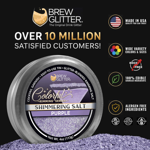 4oz tin of shimmering purple cocktail rimming salt with a branded label and dietary icons on a black background.