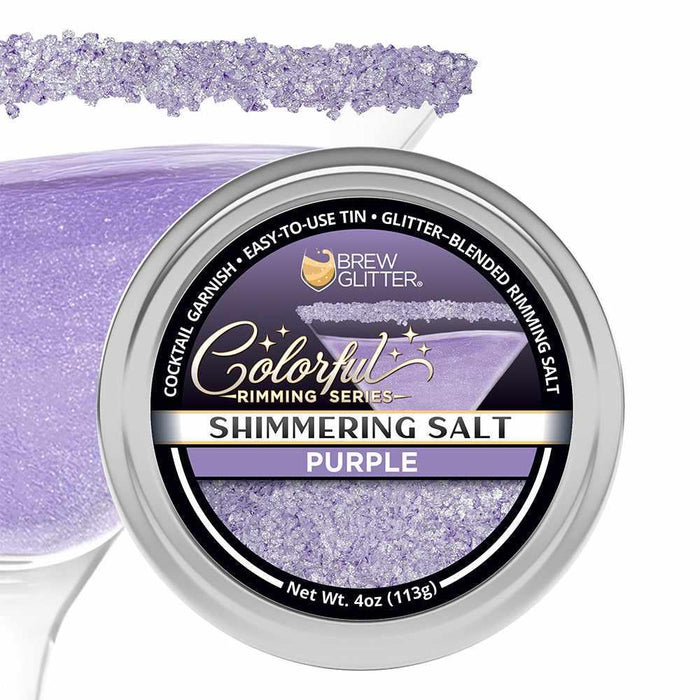 Brew Glitter shimmering deep purple cocktail rimming salt in a 4oz tin, shown with a matching purple salt-rimmed glass.