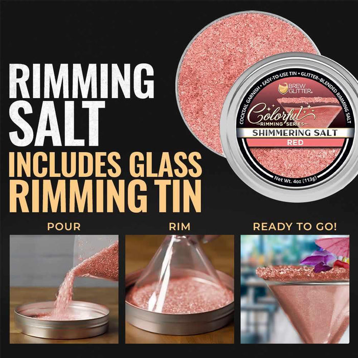 Shimmering red cocktail rimming salt in a 4oz tin, shown with steps to pour, rim a glass, and garnish a finished drink.
