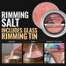 Shimmering red cocktail rimming salt in a 4oz tin, shown with steps to pour, rim a glass, and garnish a finished drink.