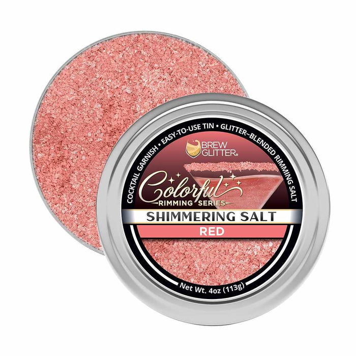 Four-ounce tin of shimmering red cocktail rimming salt with a branded label for garnishing glassware.