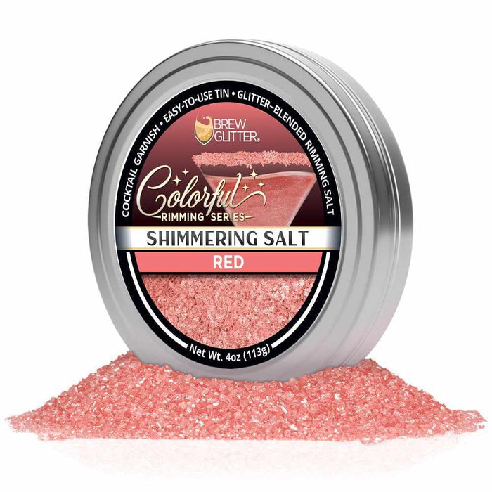 4oz tin of shimmering red cocktail rimming salt with glittery texture for garnishing margarita and drink glasses.