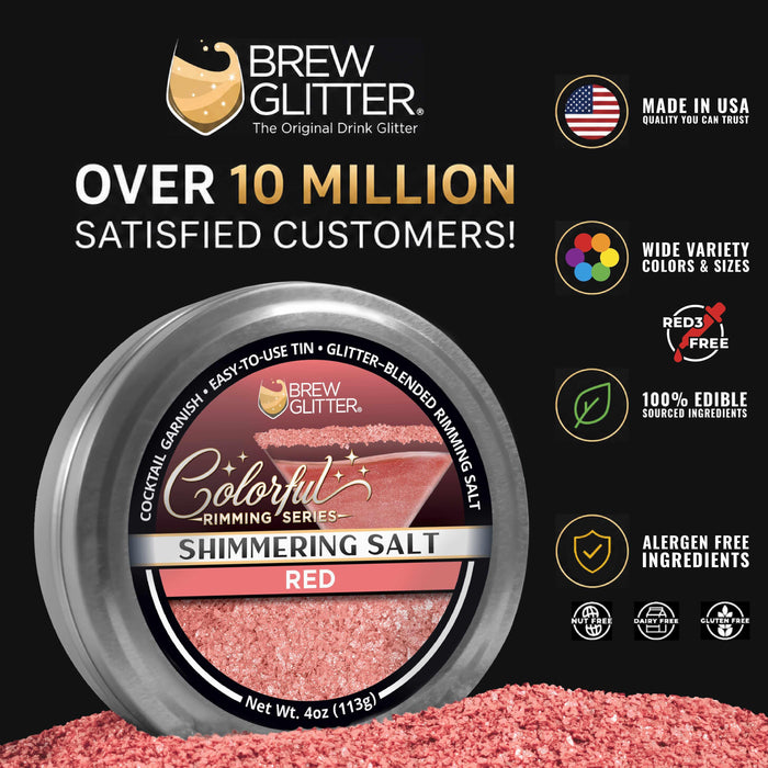 Shimmering red cocktail rimming salt in a 4oz metal tin with Brew Glitter branding and edible ingredient icons.
