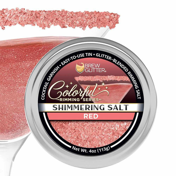 4oz tin of shimmering red cocktail rimming salt with a glittery texture, shown with a garnished martini glass rim.