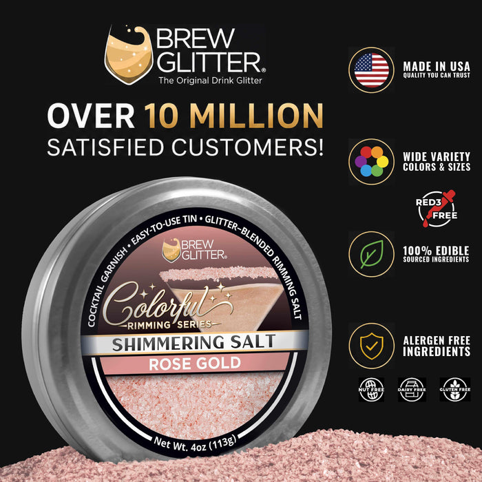 4oz tin of shimmering rose gold cocktail rimming salt with edible glitter for drink garnishing.
