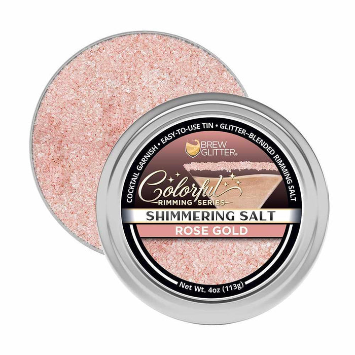 Shimmering rose gold cocktail rimming salt in a 4oz round silver tin with a branded label.