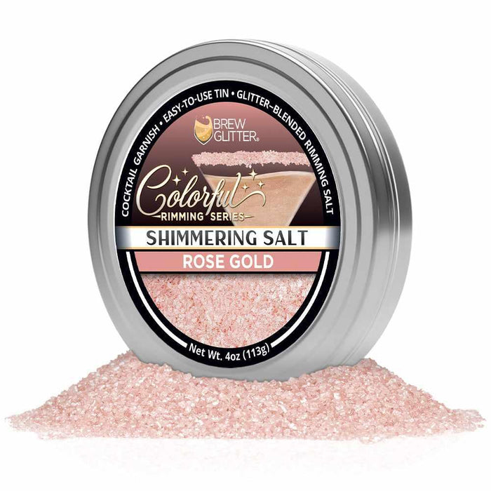 4oz tin of shimmering rose gold cocktail rimming salt with a glitter-blended texture for elegant drink garnishing.